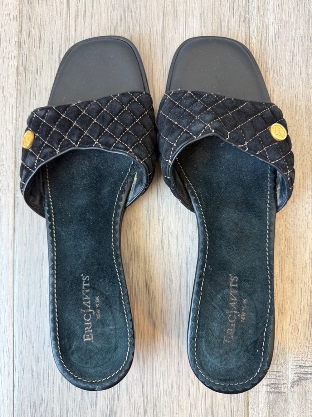 Eric Javits Black Quilted Leather Slide Mules